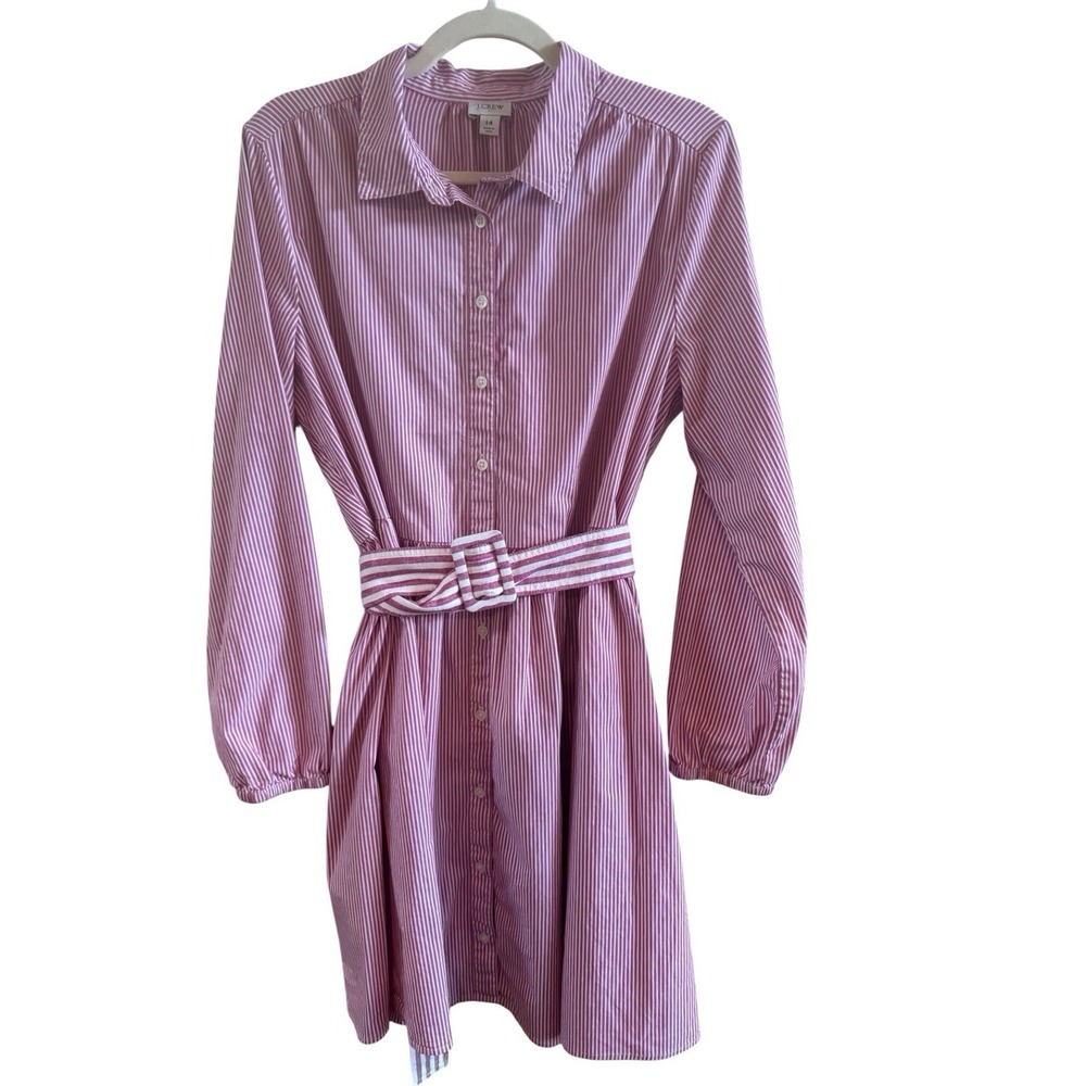 J.Crew Pink White Vertical Striped Button Up Dress Contrasting Belt Sz14 Preppy